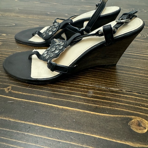 Coach M HARPER Black Leather Embellished Wedge Sandals - Picture 3 of 5